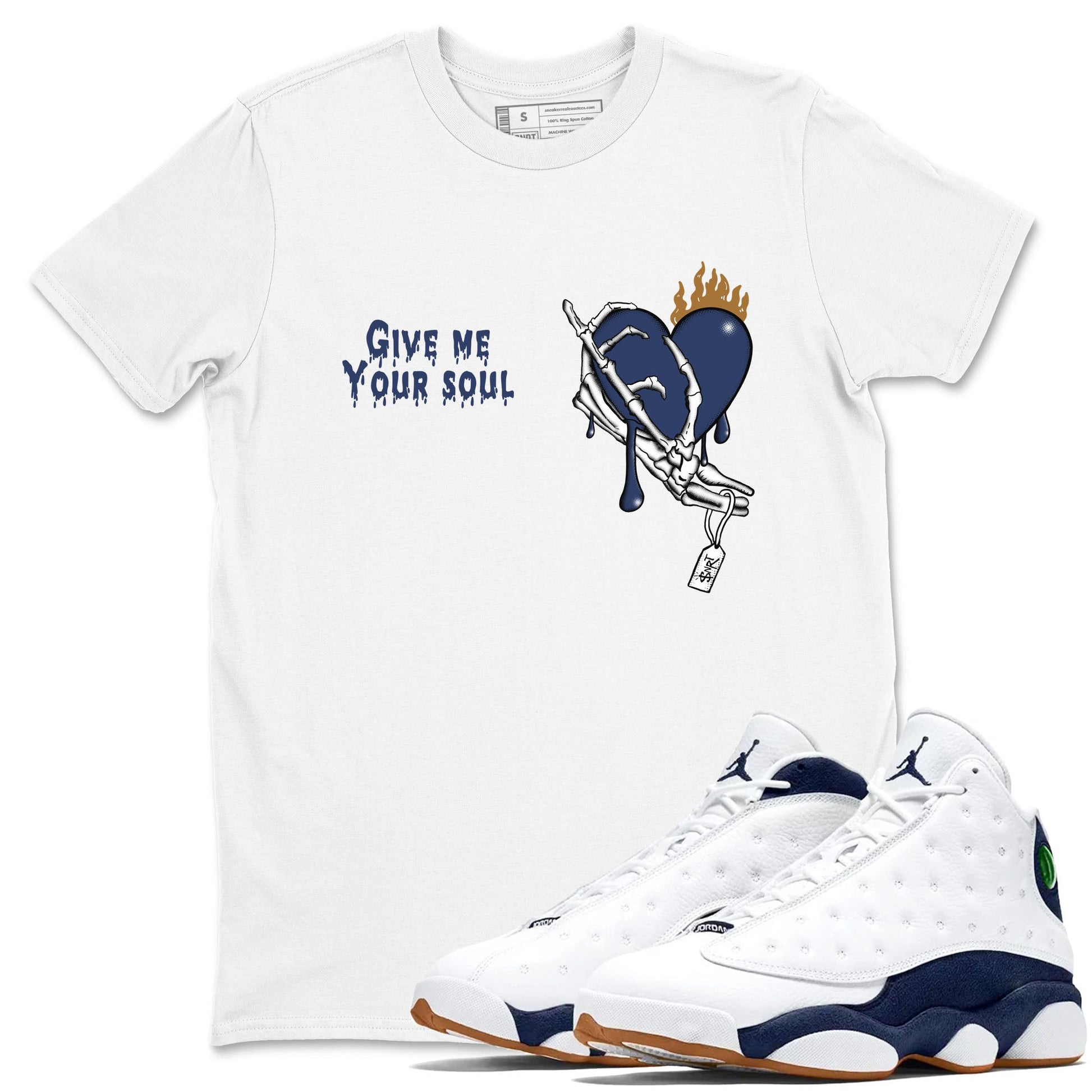 13s Midnight Navy shirts to match jordans Give Me Your Soul unique Halloween sneaker tee Air Jordan 13 Midnight Navy SNRT Sneaker Release Tees unisex cotton White 1 crew neck shirts