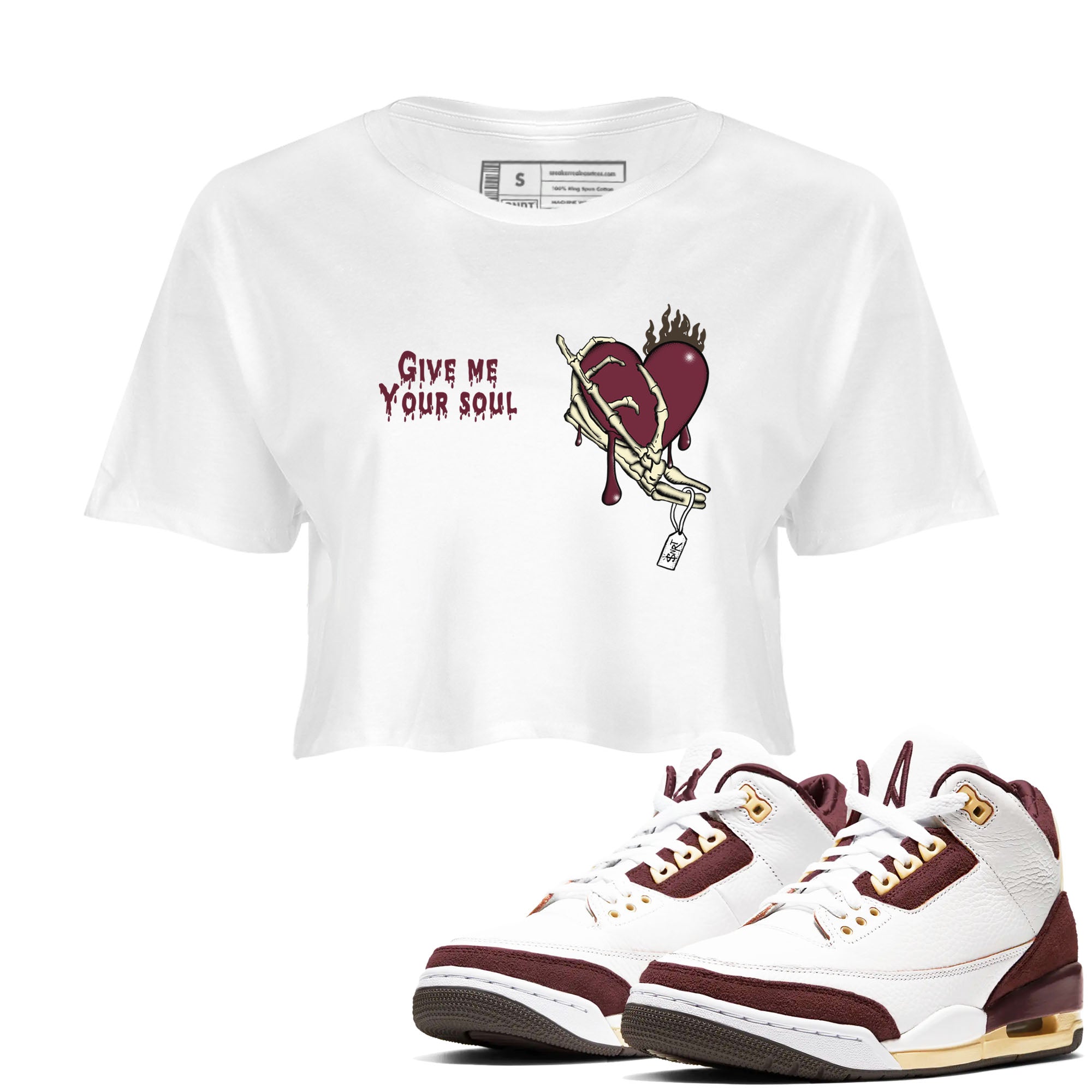 3s A Ma Maniere x Burgundy Crush shirts to match jordans Give Me Your Soul unique Halloween sneaker tee Air Jordan 3 A Ma Maniere x Burgundy Crush SNRT Sneaker Release Tees unisex cotton White 1 Crop Shirts
