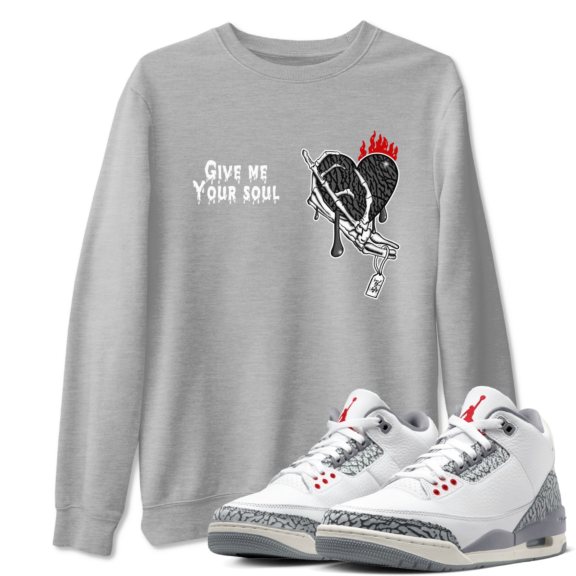 3s Cement Grey shirts to match jordans Give Me Your Soul unique Halloween sneaker tee Air Jordan 3 Cement Grey SNRT Sneaker Release Tees unisex cotton Heather Grey 1 crew neck shirts