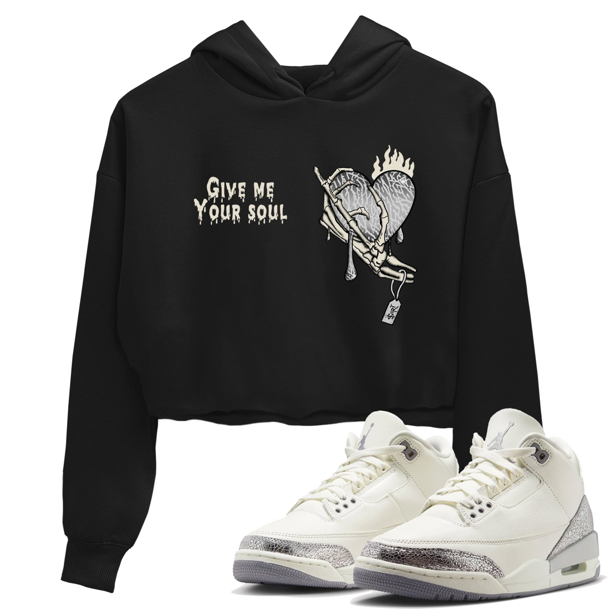 3s Sail and Cement Grey shirts to match jordans Give Me Your Soul sneaker match tees Air Jordan 3 Retro Sail and Cement Grey match shoes to clothes SNRT Sneaker Tees unisex cotton Black 1 crop tee