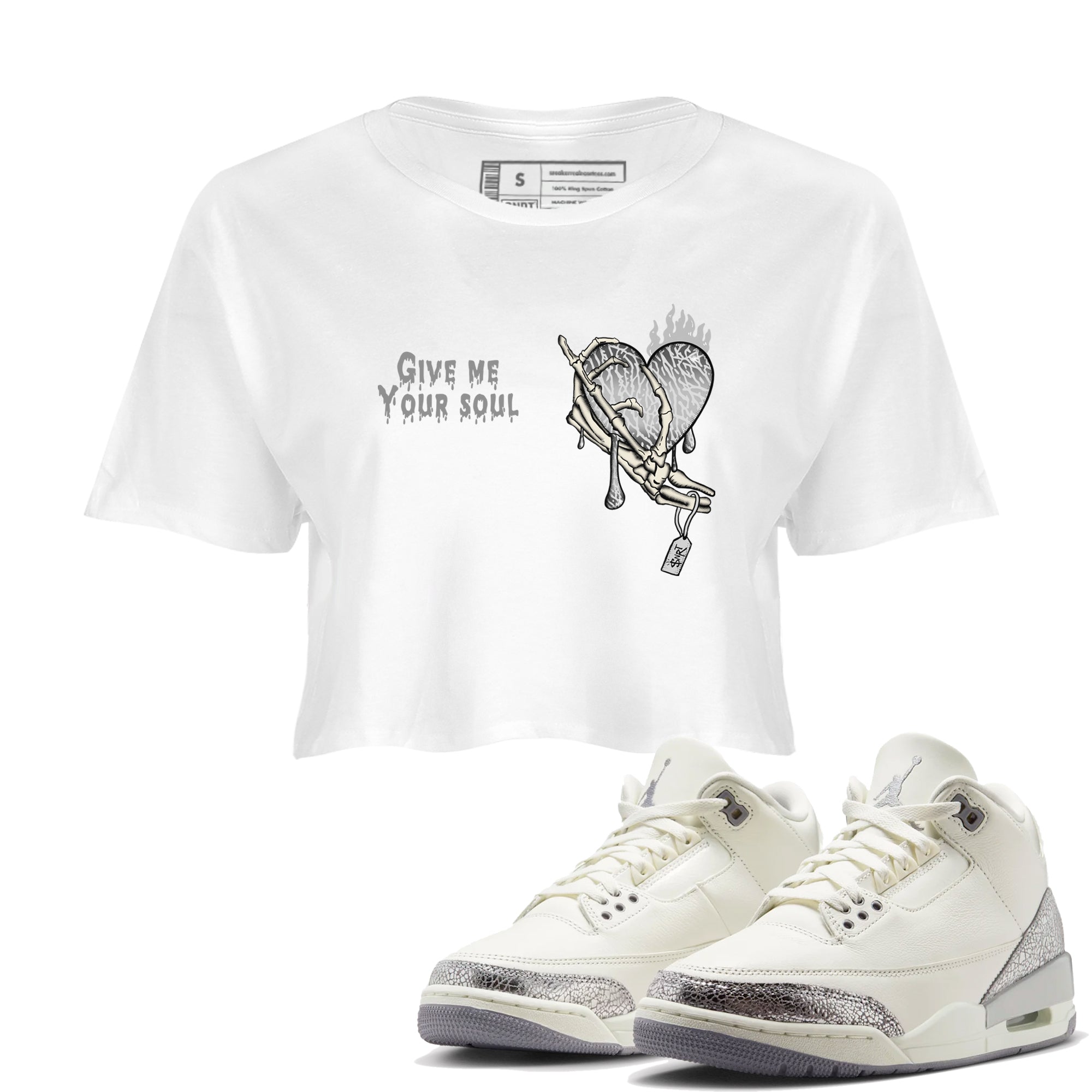 3s Sail and Cement Grey shirts to match jordans Give Me Your Soul sneaker match tees Air Jordan 3 Retro Sail and Cement Grey match shoes to clothes SNRT Sneaker Tees unisex cotton White 1 crop tee