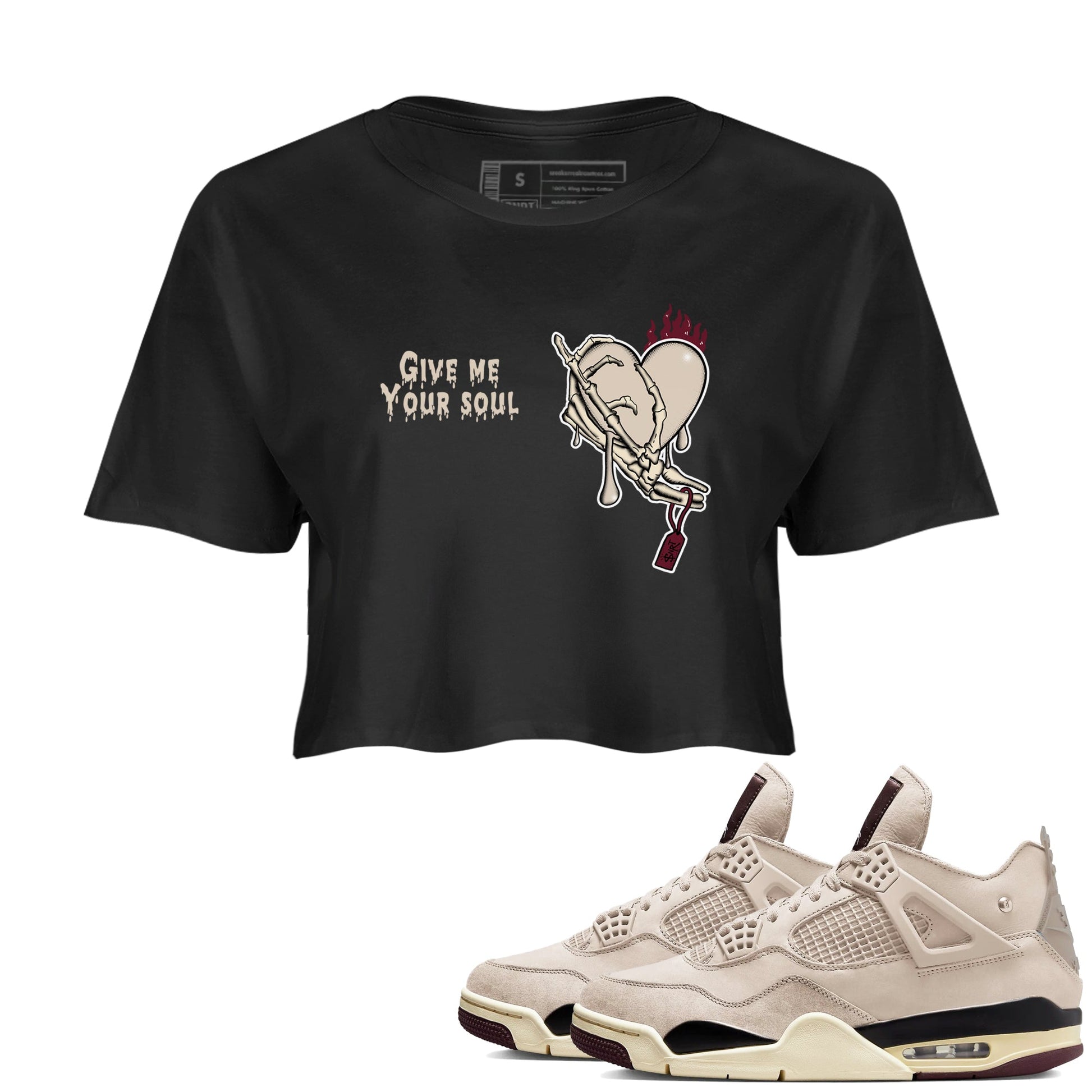 4s A Ma Maniere x Fossil Stone shirts to match jordans Give Me Your Soul unique Halloween sneaker tee 4s A Ma Maniere x Fossil Stone match shoes to clothes SNRT Sneaker Tees unisex cotton Black 1 crop tee