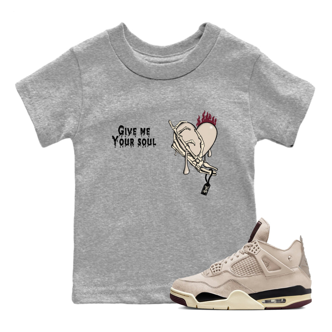 4s A Ma Maniere x Fossil Stone shirts to match jordans Give Me Your Soul unique Halloween sneaker tee 4s A Ma Maniere x Fossil Stone match shoes to clothes SNRT Sneaker Tees Youth Baby Heather Grey 1 tee