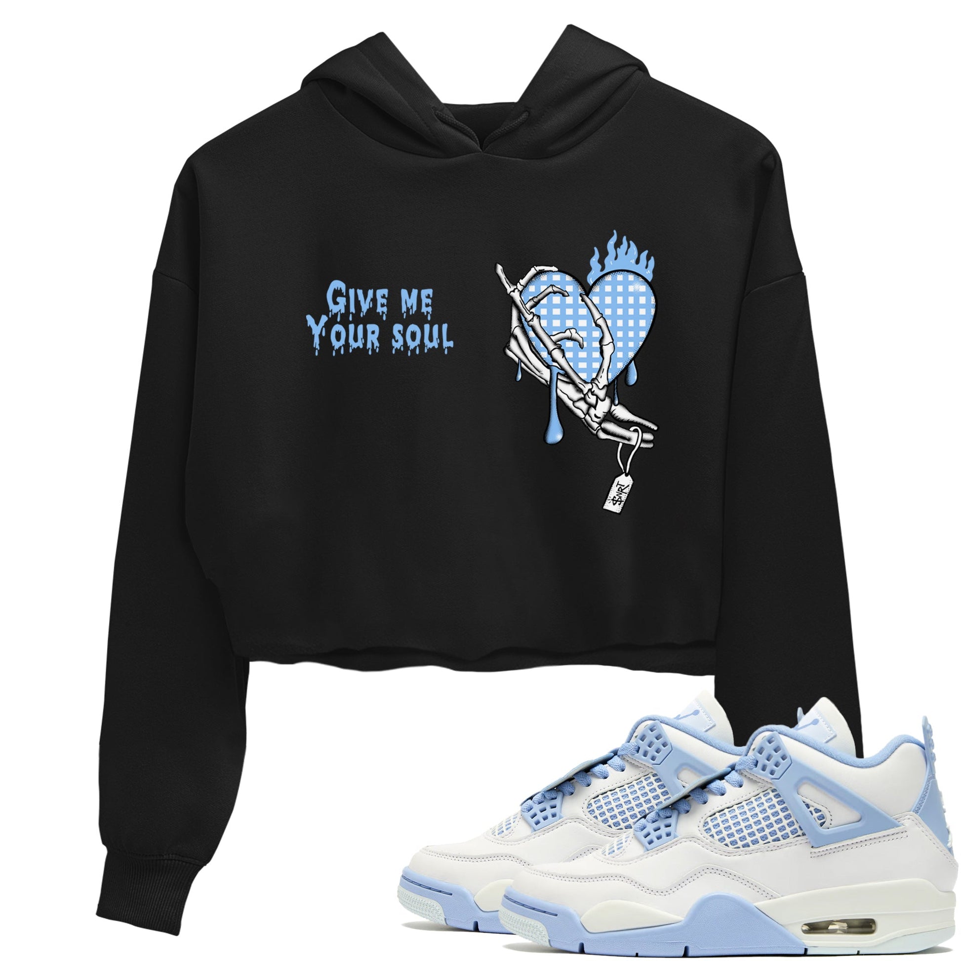 Give Me Your Soul womens crop tee made to vibe with the Air Jordan 4 Aluminum sneakers — the perfect match in Black 1.