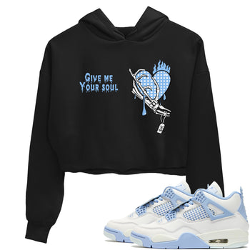 Give Me Your Soul womens crop tee made to vibe with the Air Jordan 4 Aluminum sneakers — the perfect match in Black 1.