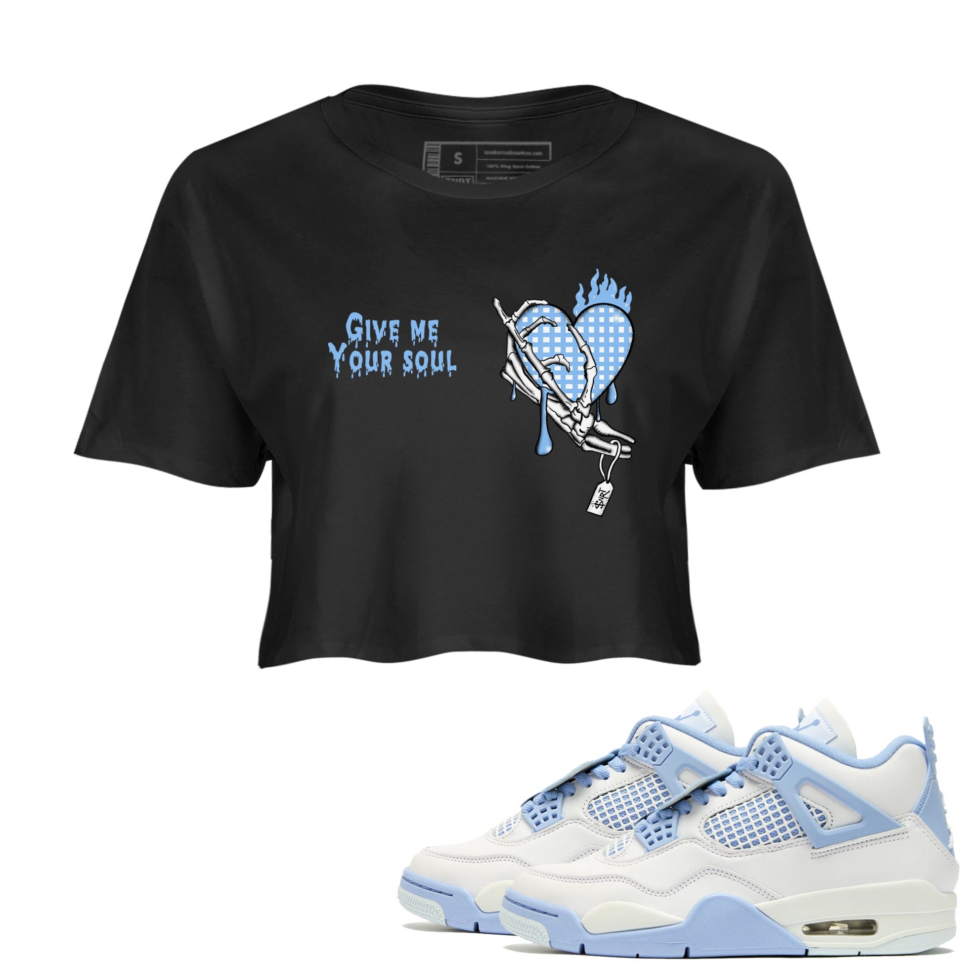 Give Me Your Soul womens crop tee made to vibe with the Air Jordan 4 Aluminum sneakers — the perfect match in Black 1.