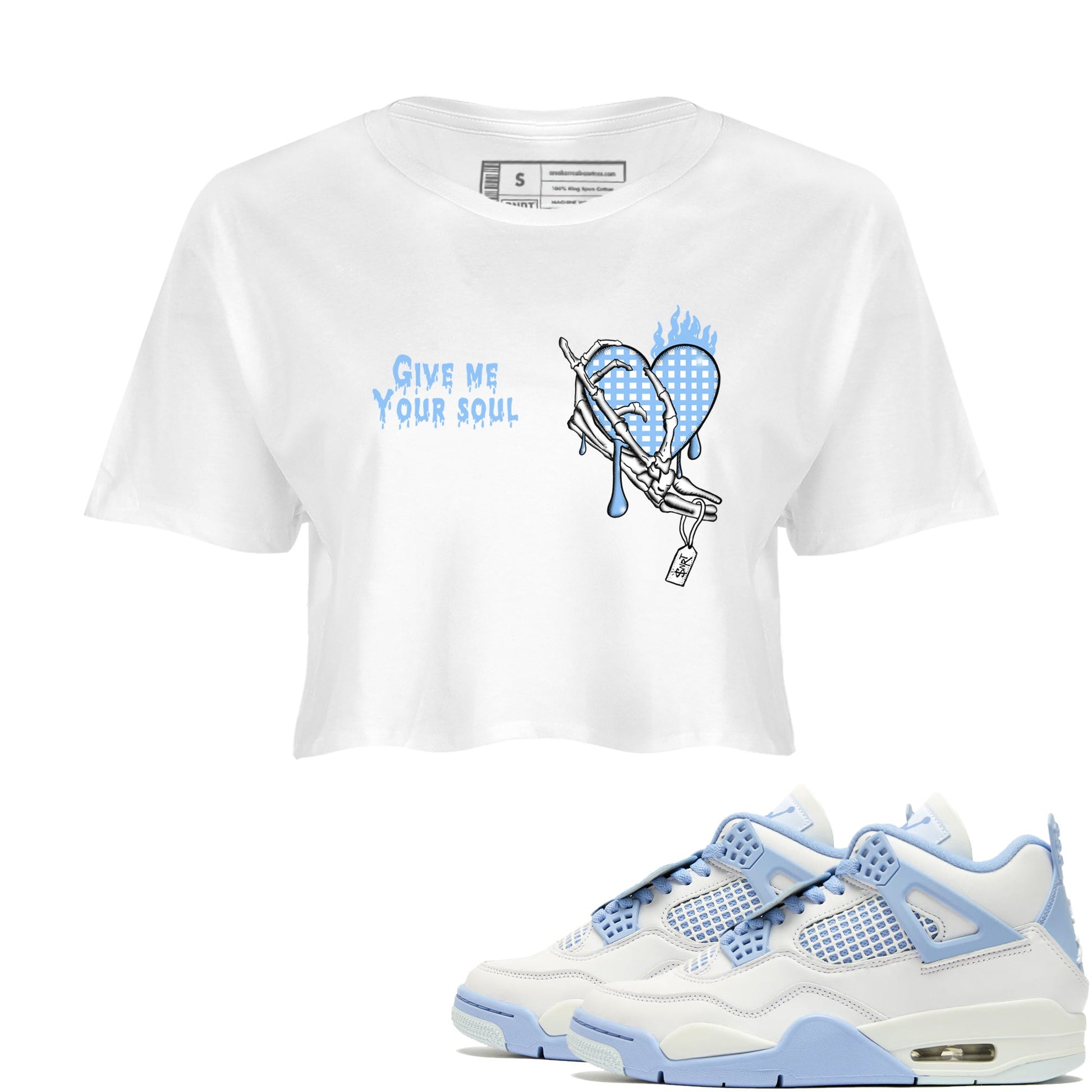 Give Me Your Soul womens crop tee made to vibe with the Air Jordan 4 Aluminum sneakers — the perfect match in White 1.
