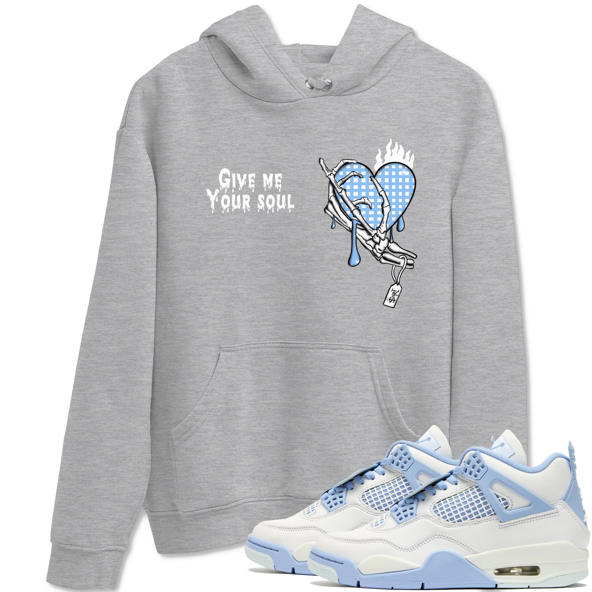 Give Me Your Soul sneaker match t-shirt styled to complete your fit with the Air Jordan 4 Aluminum sneakers, shown in Heather Grey 1.