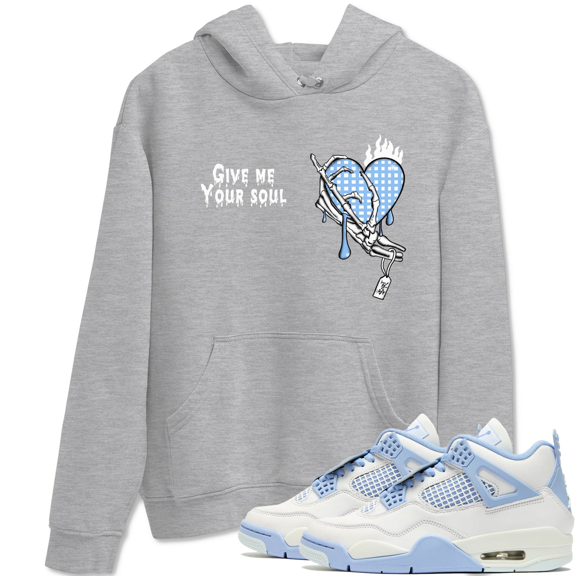 Give Me Your Soul sneaker match t-shirt styled to complete your fit with the Air Jordan 4 Aluminum sneakers, shown in Heather Grey 1.