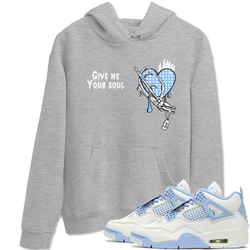 Give Me Your Soul sneaker match t-shirt styled to complete your fit with the Air Jordan 4 Aluminum sneakers, shown in Heather Grey 1.