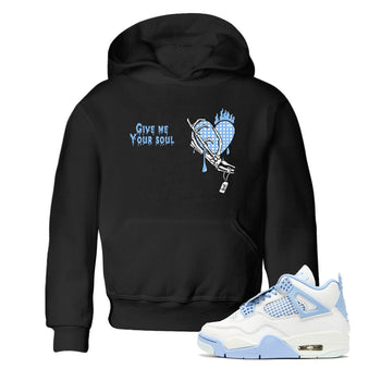Give Me Your Soul baby and kids t-shirt crafted for little sneakerheads to shine with the Air Jordan 4 Aluminum sneakers, displayed in Black 1.