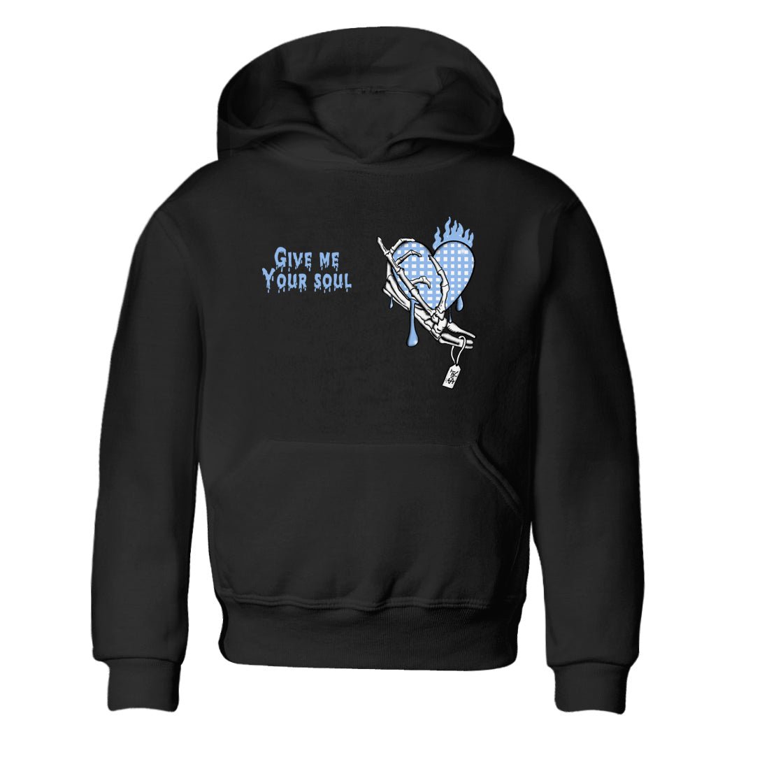 Give Me Your Soul baby and kids t-shirt crafted for little sneakerheads to shine with the Air Jordan 4 Aluminum sneakers, displayed in Black 2.