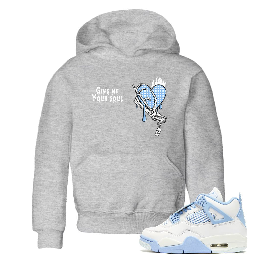 Give Me Your Soul baby and kids t-shirt crafted for little sneakerheads to shine with the Air Jordan 4 Aluminum sneakers, displayed in Heather Grey 1.