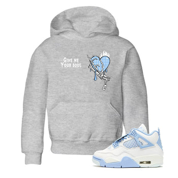 Give Me Your Soul baby and kids t-shirt crafted for little sneakerheads to shine with the Air Jordan 4 Aluminum sneakers, displayed in Heather Grey 1.