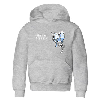 Give Me Your Soul baby and kids t-shirt crafted for little sneakerheads to shine with the Air Jordan 4 Aluminum sneakers, displayed in Heather Grey 2.
