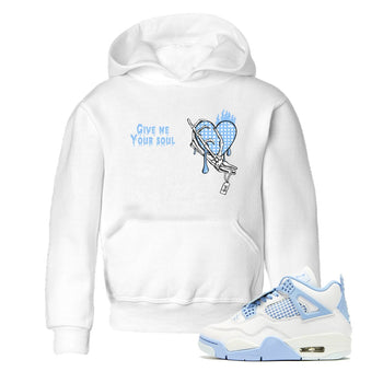Give Me Your Soul baby and kids t-shirt crafted for little sneakerheads to shine with the Air Jordan 4 Aluminum sneakers, displayed in White 1.