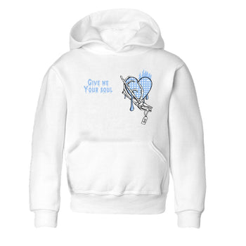 Give Me Your Soul baby and kids t-shirt crafted for little sneakerheads to shine with the Air Jordan 4 Aluminum sneakers, displayed in White 2.