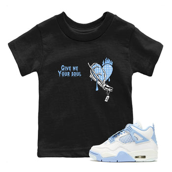 Give Me Your Soul baby and kids t-shirt crafted for little sneakerheads to shine with the Air Jordan 4 Aluminum sneakers, displayed in Black 1.