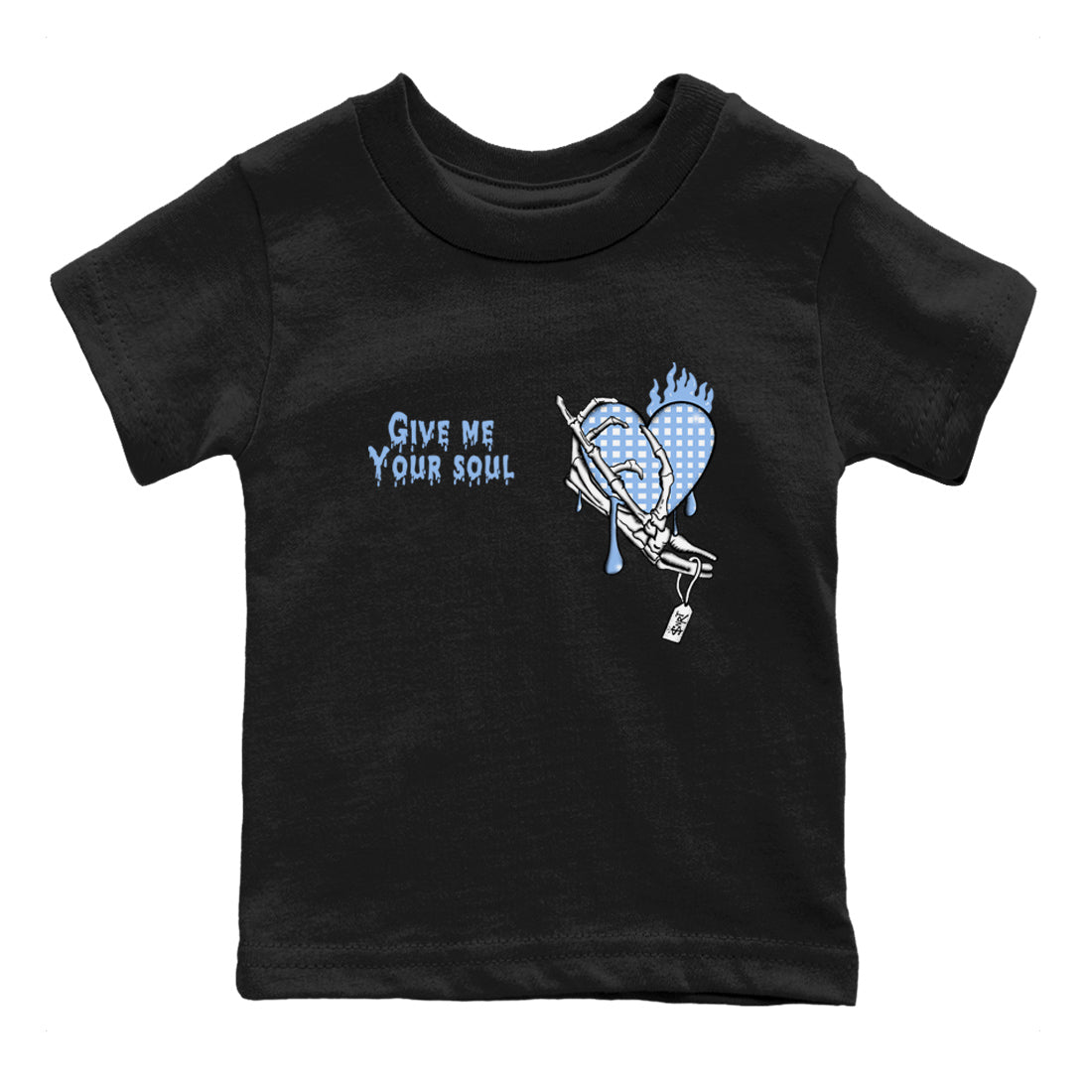 Give Me Your Soul baby and kids t-shirt crafted for little sneakerheads to shine with the Air Jordan 4 Aluminum sneakers, displayed in Black 2.