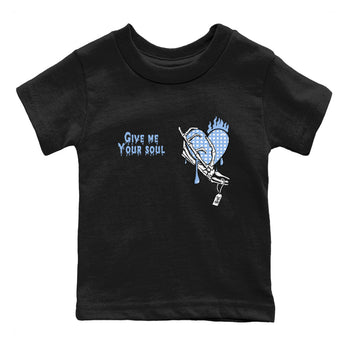 Give Me Your Soul baby and kids t-shirt crafted for little sneakerheads to shine with the Air Jordan 4 Aluminum sneakers, displayed in Black 2.