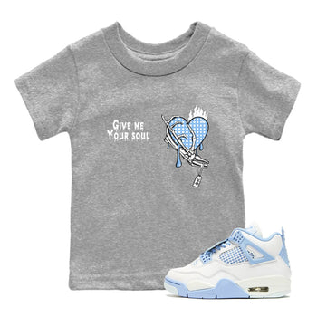 Give Me Your Soul baby and kids t-shirt crafted for little sneakerheads to shine with the Air Jordan 4 Aluminum sneakers, displayed in Heather Grey 1.