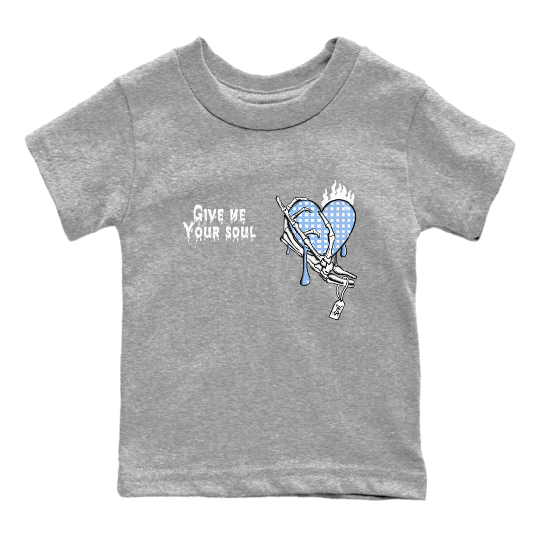 Give Me Your Soul baby and kids t-shirt crafted for little sneakerheads to shine with the Air Jordan 4 Aluminum sneakers, displayed in Heather Grey 2.