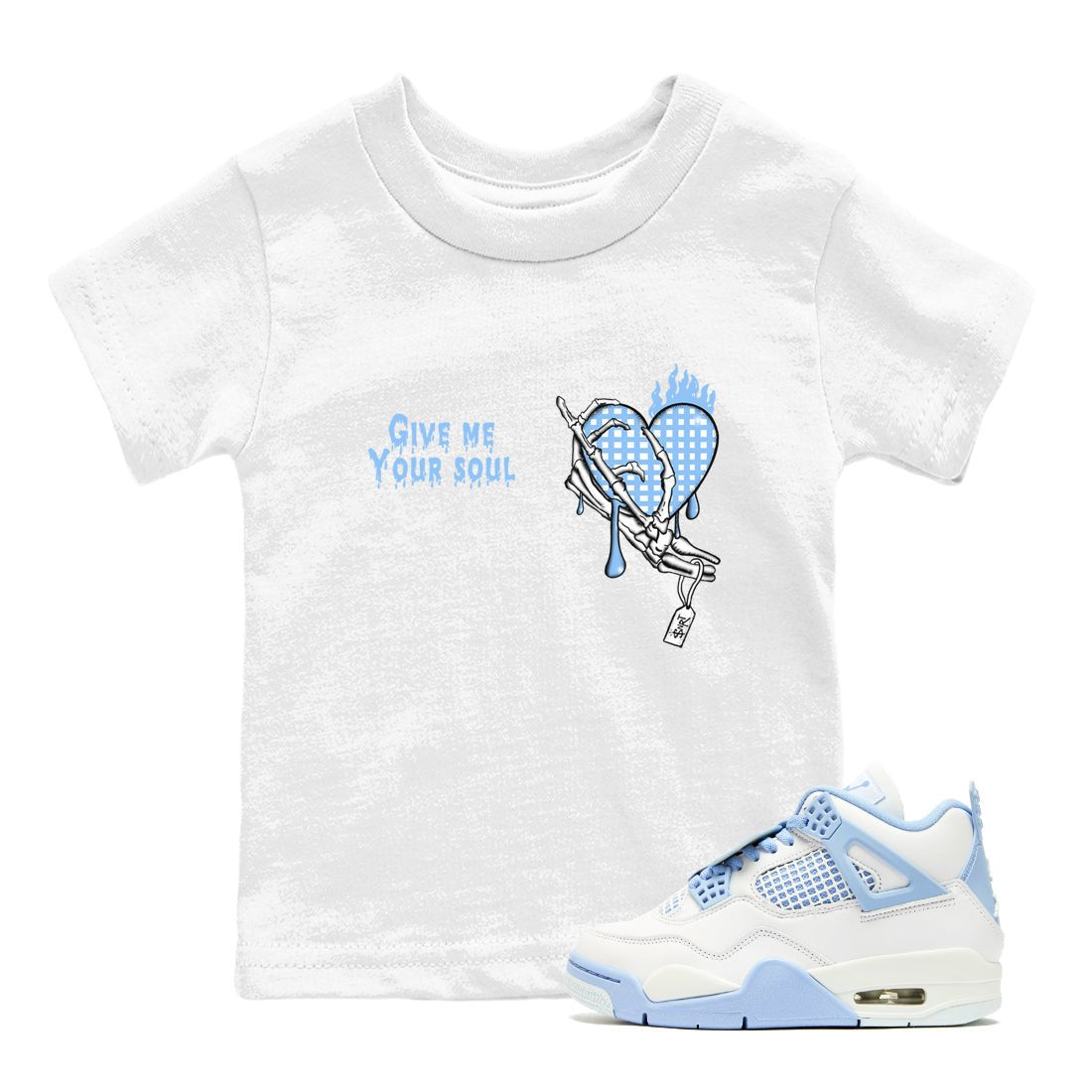 Give Me Your Soul baby and kids t-shirt crafted for little sneakerheads to shine with the Air Jordan 4 Aluminum sneakers, displayed in White 1.