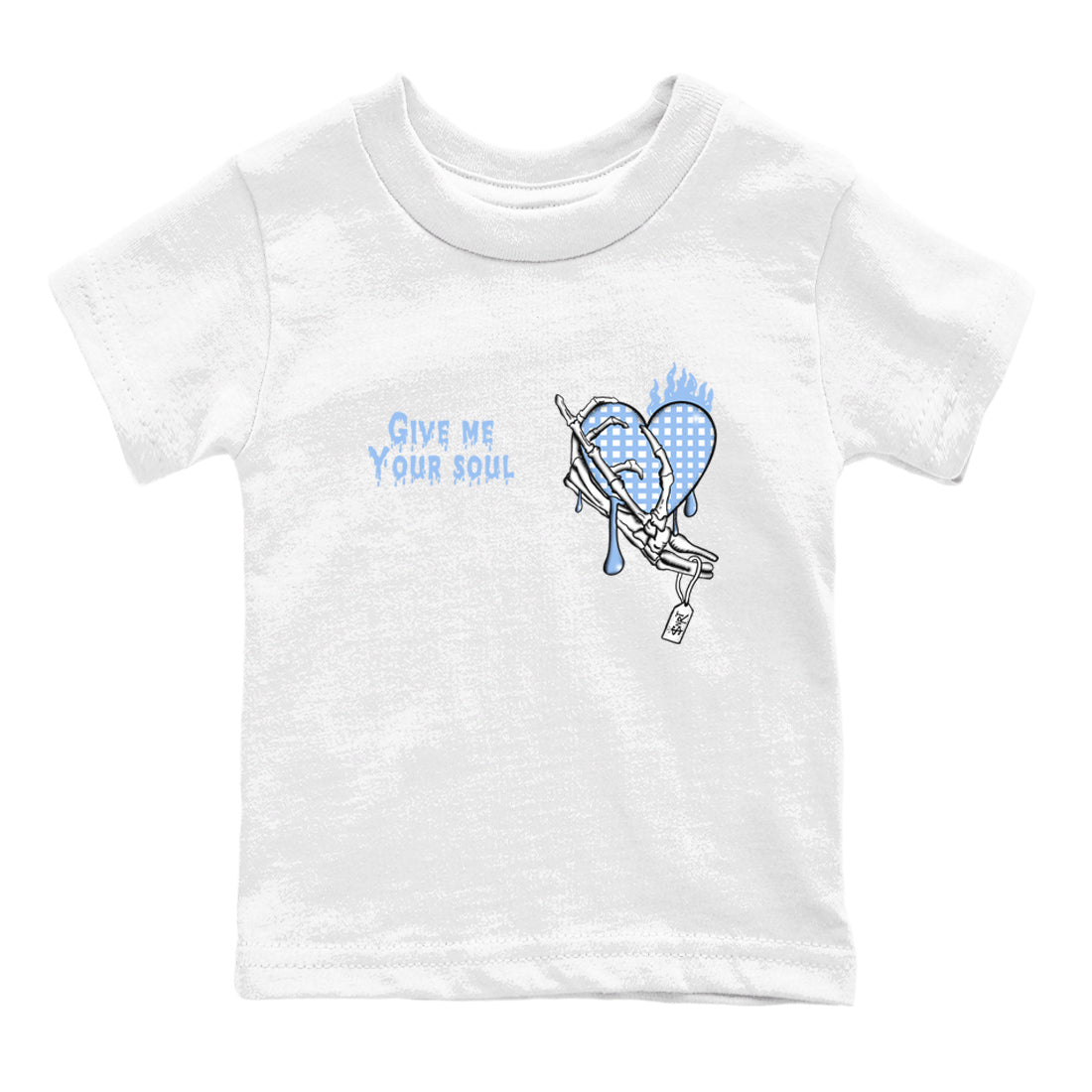 Give Me Your Soul baby and kids t-shirt crafted for little sneakerheads to shine with the Air Jordan 4 Aluminum sneakers, displayed in White 2.