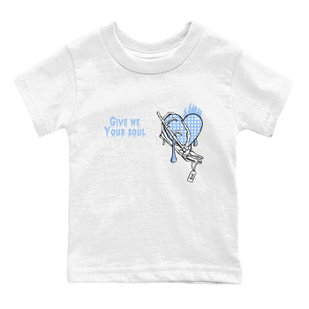 Give Me Your Soul baby and kids t-shirt crafted for little sneakerheads to shine with the Air Jordan 4 Aluminum sneakers, displayed in White 2.