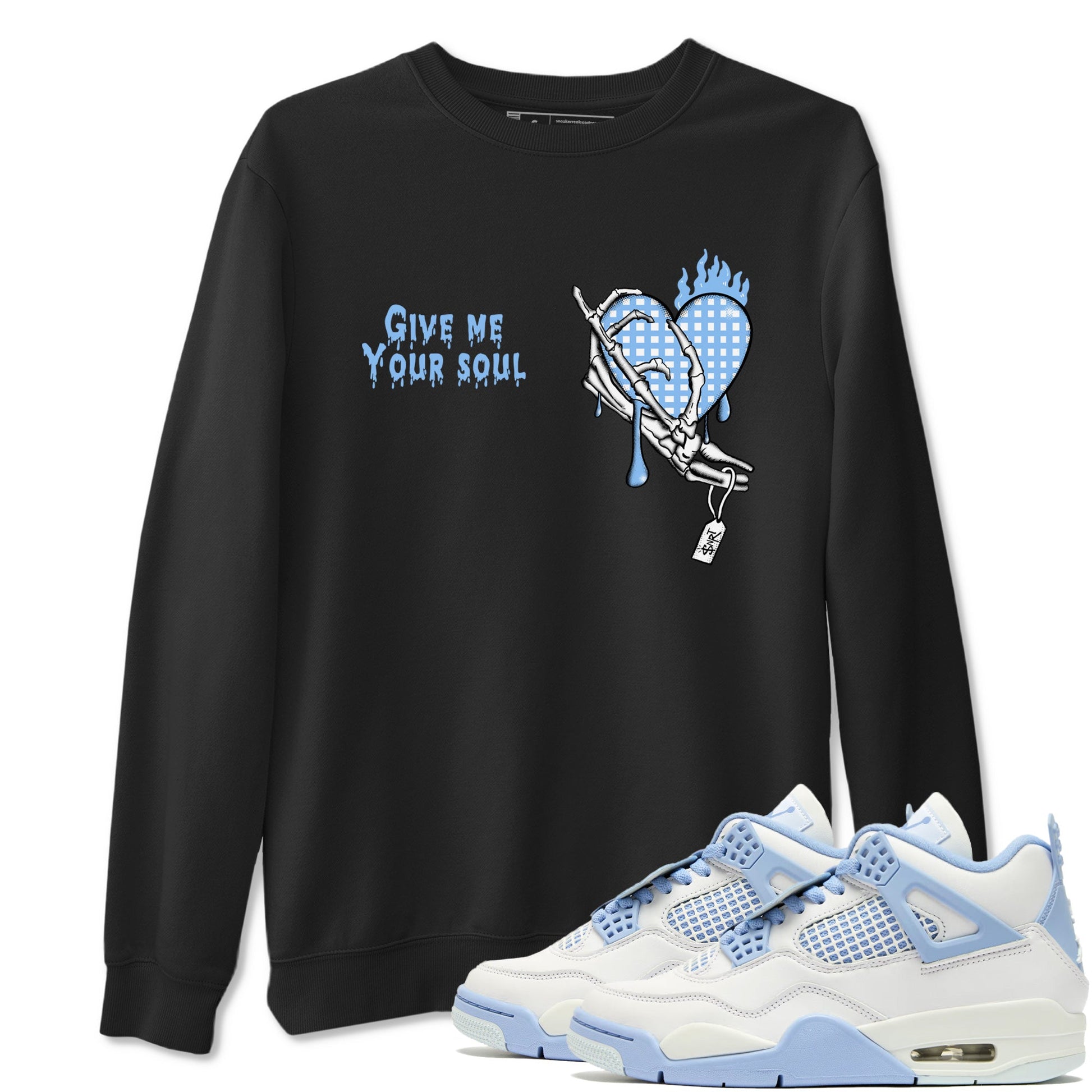 Give Me Your Soul sneaker match t-shirt styled to complete your fit with the Air Jordan 4 Aluminum sneakers, shown in Black 1.