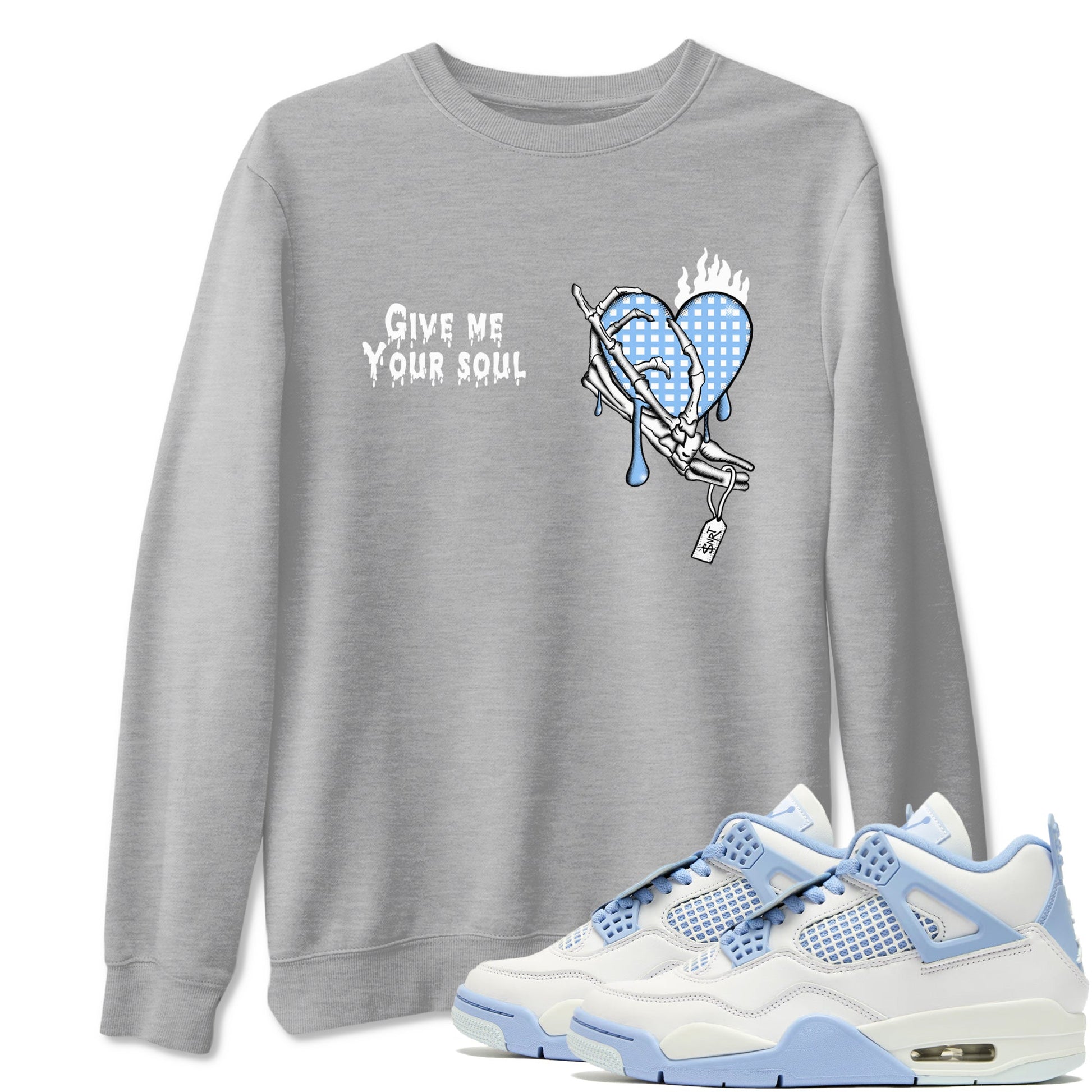 Give Me Your Soul sneaker match t-shirt styled to complete your fit with the Air Jordan 4 Aluminum sneakers, shown in Heather Grey 1.