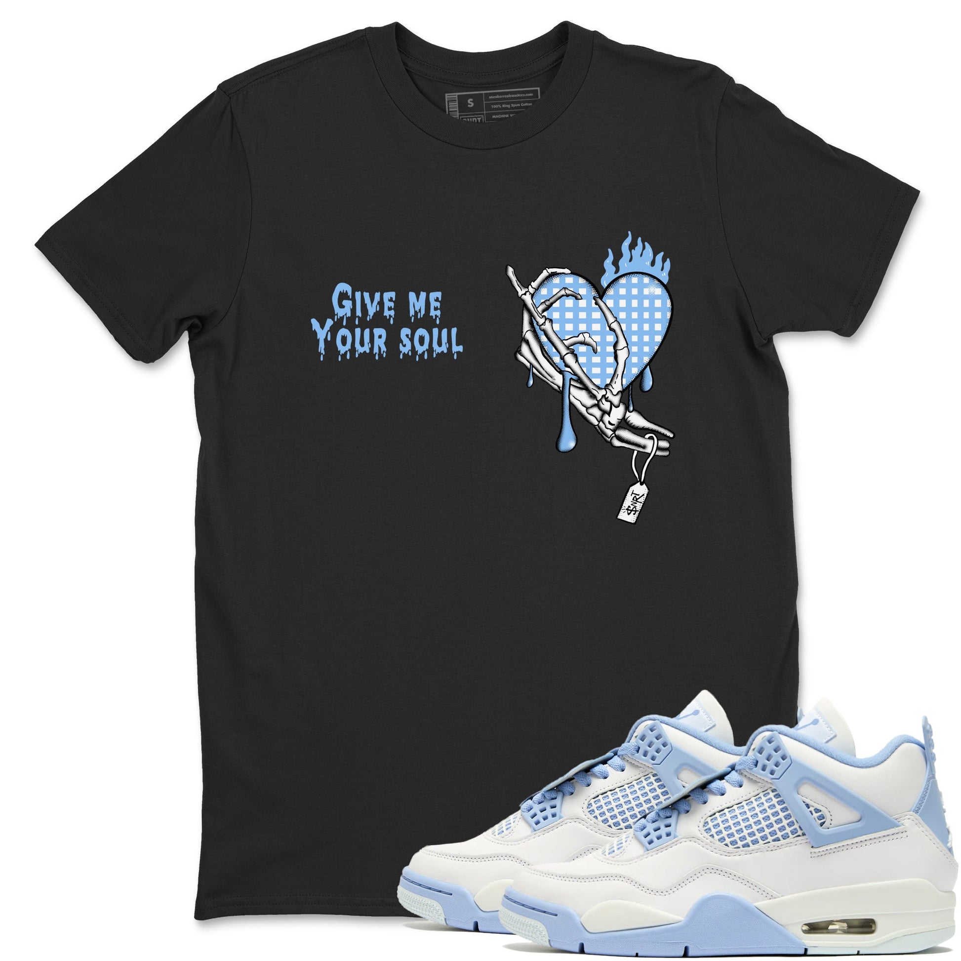 Give Me Your Soul sneaker match t-shirt styled to complete your fit with the Air Jordan 4 Aluminum sneakers, shown in Black 1.