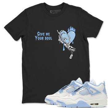 Give Me Your Soul sneaker match t-shirt styled to complete your fit with the Air Jordan 4 Aluminum sneakers, shown in Black 1.