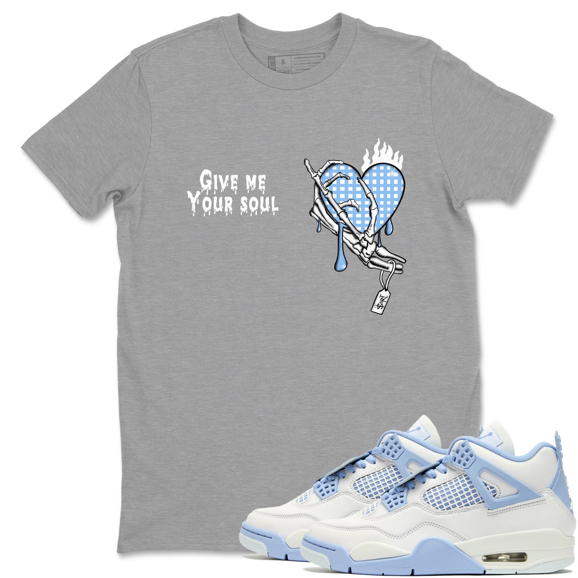 Give Me Your Soul sneaker match t-shirt styled to complete your fit with the Air Jordan 4 Aluminum sneakers, shown in Heather Grey 1.