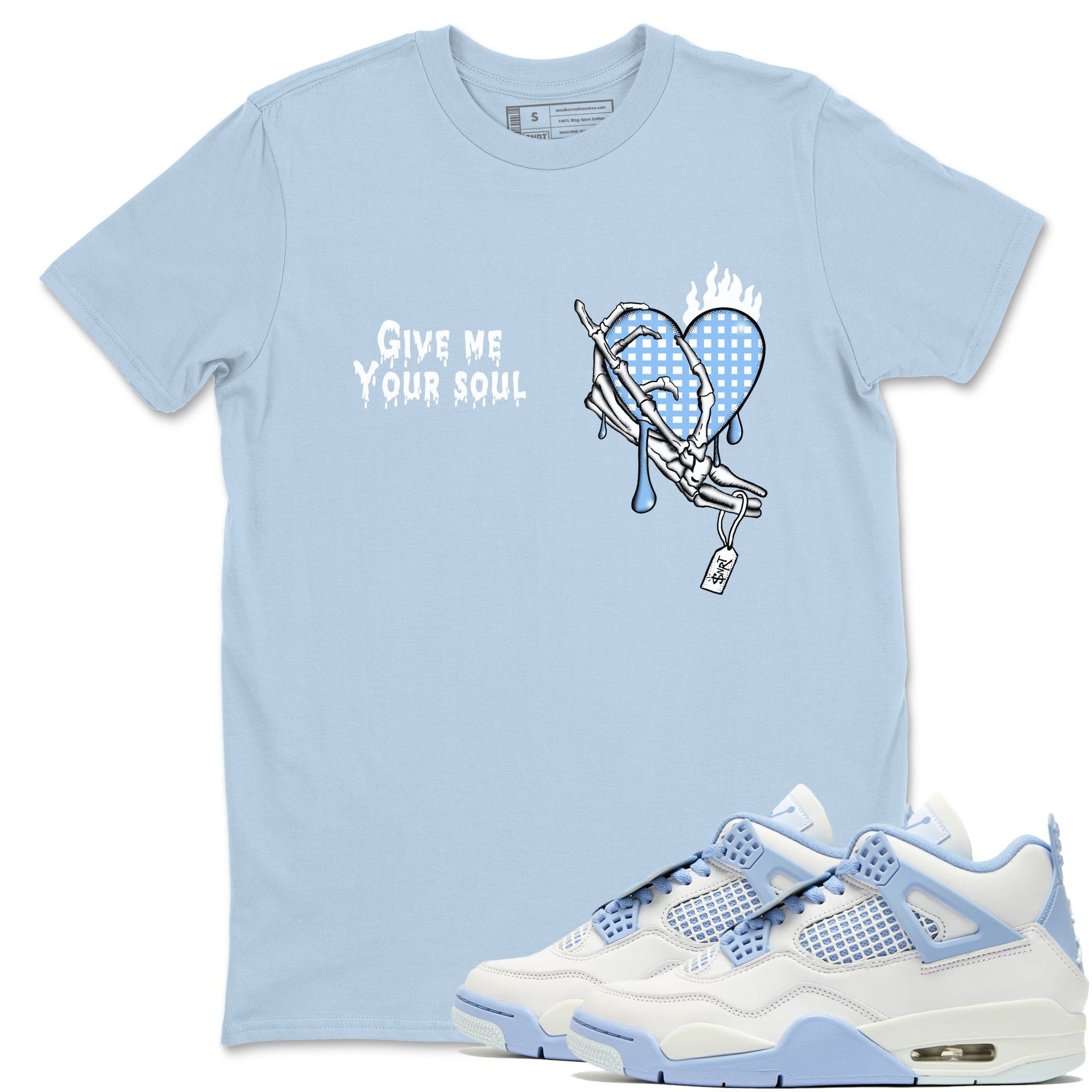 Give Me Your Soul sneaker match t-shirt styled to complete your fit with the Air Jordan 4 Aluminum sneakers, shown in Light Blue 1.