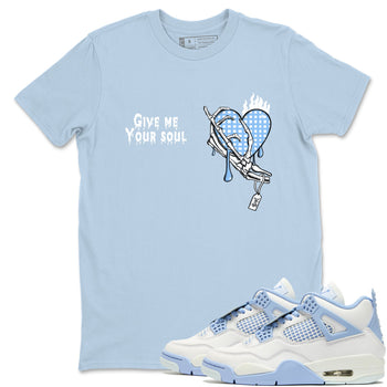 Give Me Your Soul sneaker match t-shirt styled to complete your fit with the Air Jordan 4 Aluminum sneakers, shown in Light Blue 1.