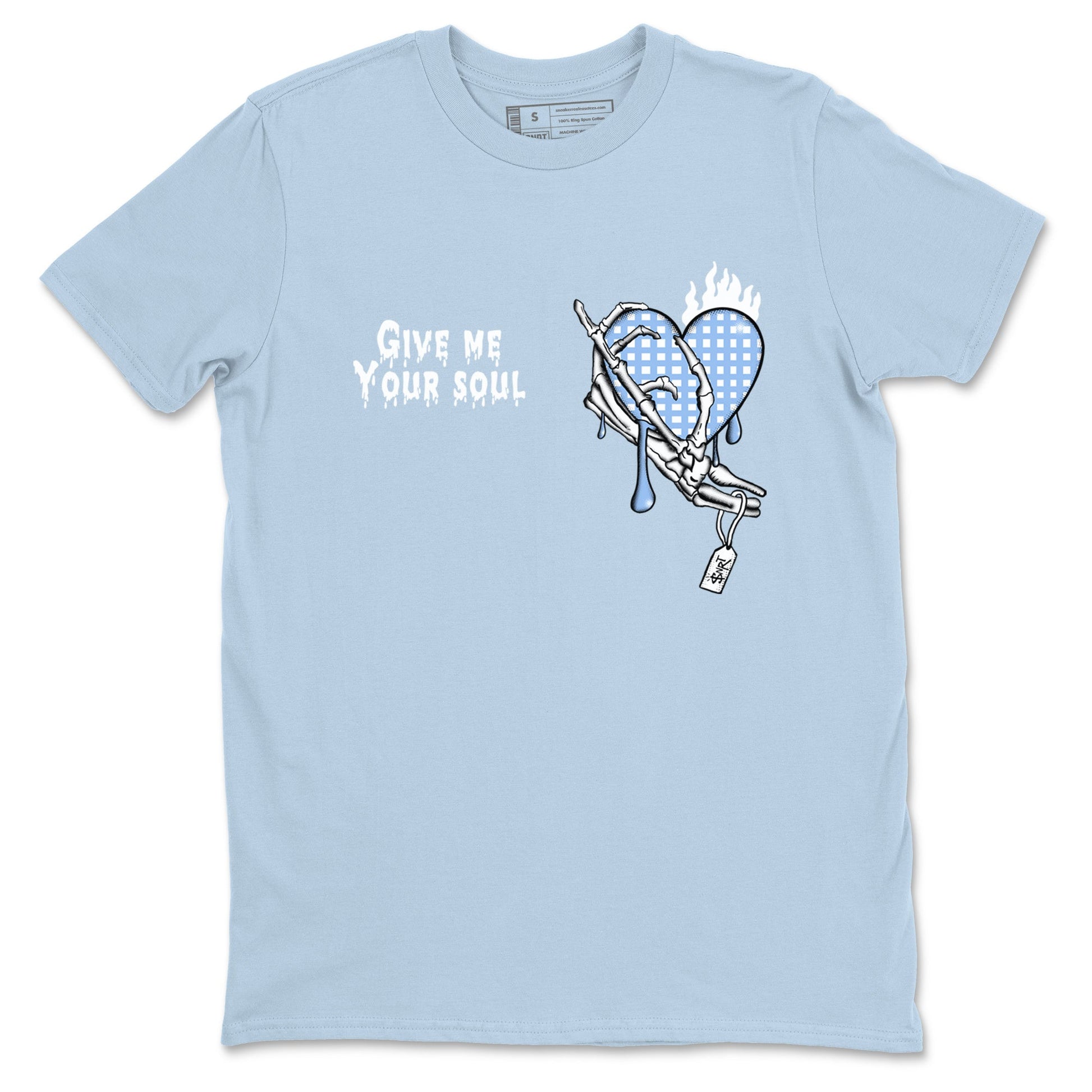 Give Me Your Soul sneaker match t-shirt styled to complete your fit with the Air Jordan 4 Aluminum sneakers, shown in Light Blue 2.