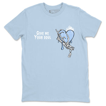 Give Me Your Soul sneaker match t-shirt styled to complete your fit with the Air Jordan 4 Aluminum sneakers, shown in Light Blue 2.