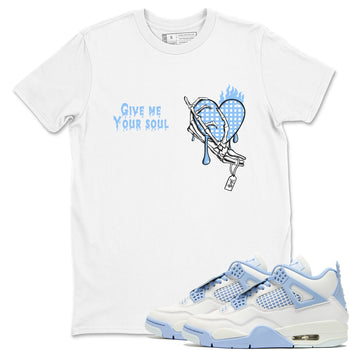 Give Me Your Soul sneaker match t-shirt styled to complete your fit with the Air Jordan 4 Aluminum sneakers, shown in White 1.