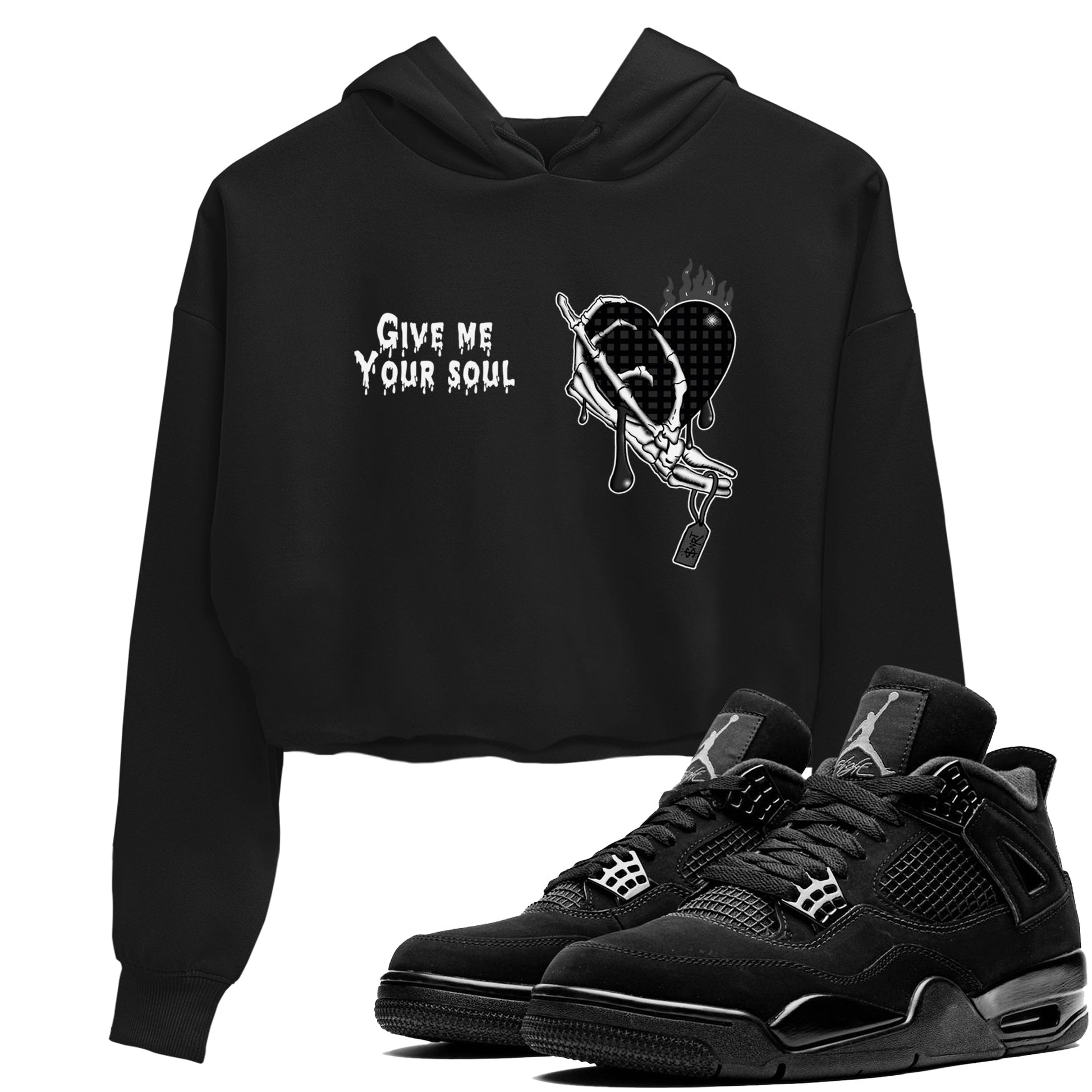 4s Black Cat shirts to match jordans Give Me Your Soul sneaker match tees Air Jordan 4 Black Cat match shoes to clothes SNRT Sneaker Tees unisex cotton Black 1 crop tee