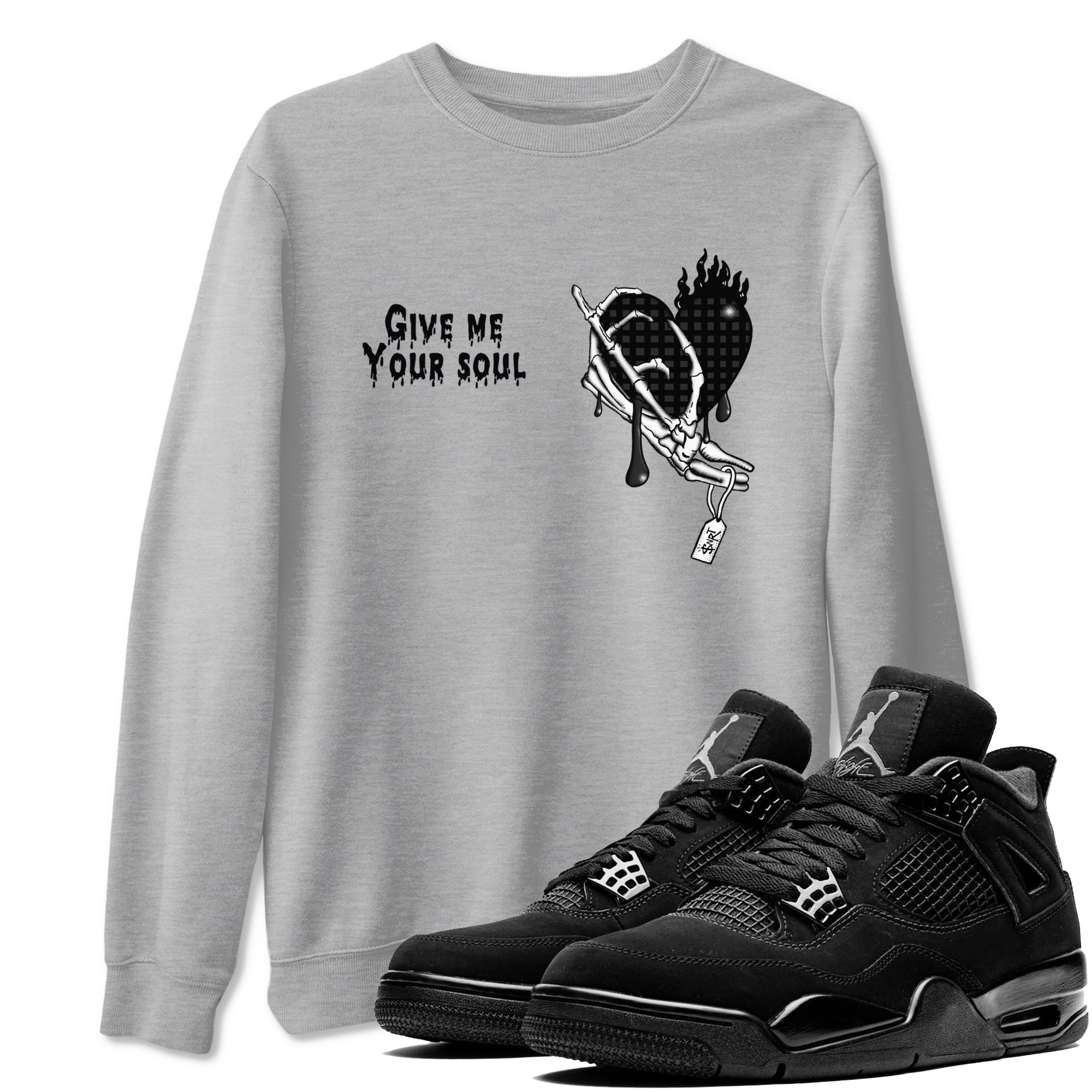4s Black Cat shirts to match jordans Give Me Your Soul sneaker match tees Air Jordan 4 Black Cat match shoes to clothes SNRT Sneaker Tees unisex cotton Heather Grey 1 shirts