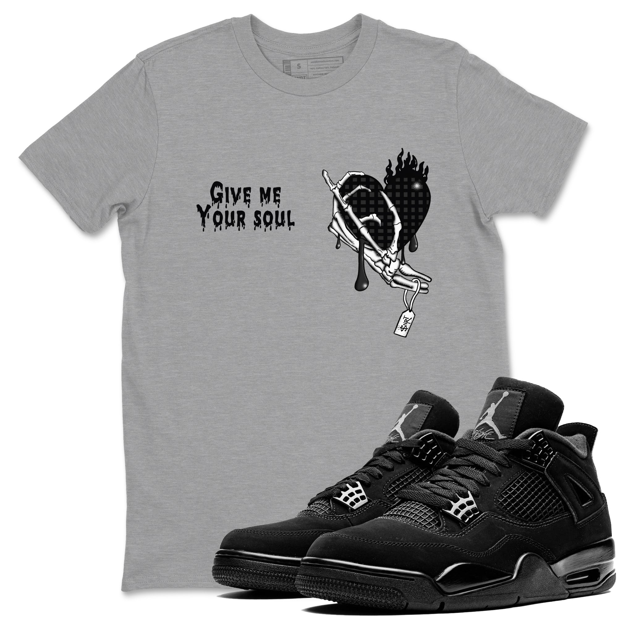 4s Black Cat shirts to match jordans Give Me Your Soul sneaker match tees Air Jordan 4 Black Cat match shoes to clothes SNRT Sneaker Tees unisex cotton Heather Grey 1 shirts
