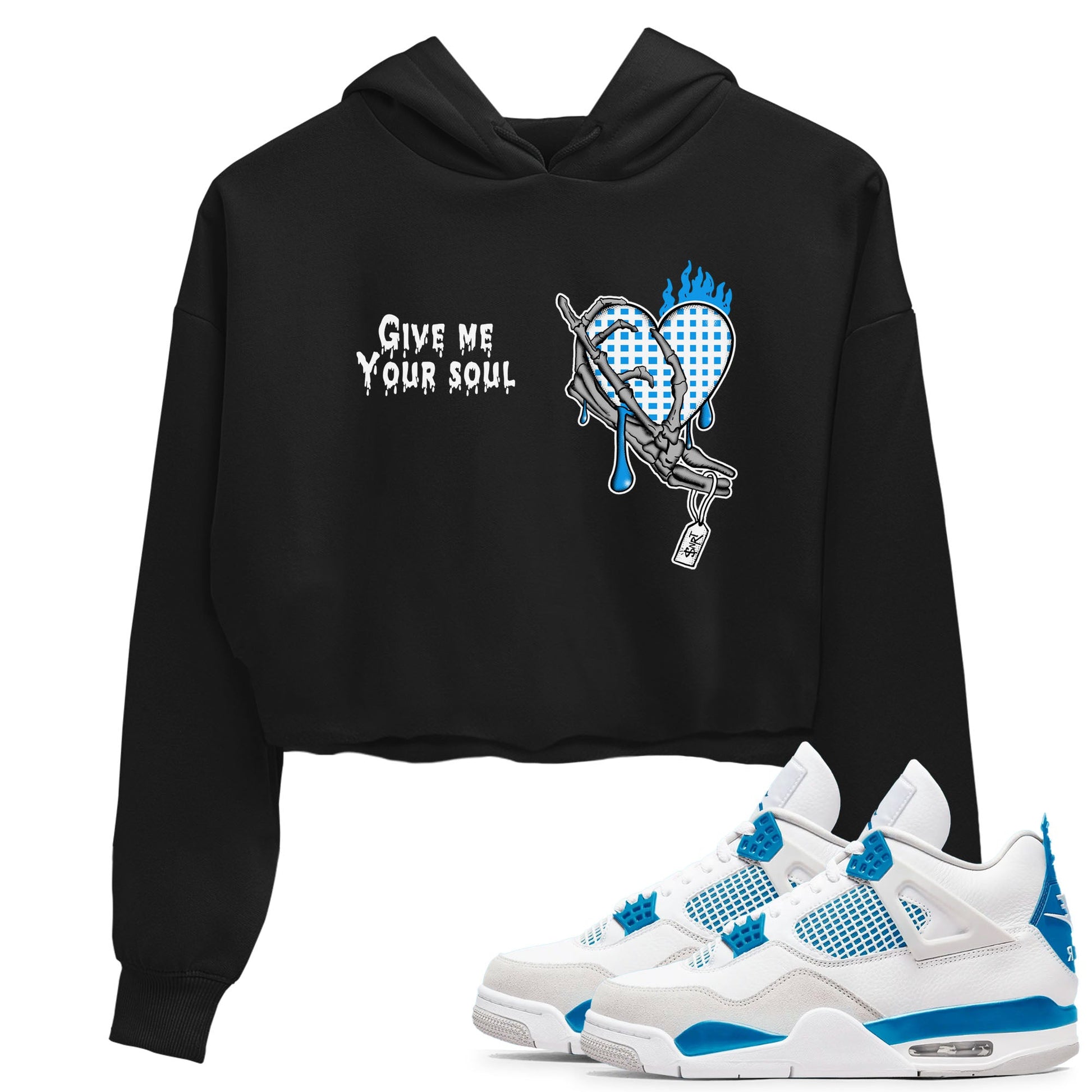 4s Military Blue shirts to match jordans Give Me Your Soul unique Halloween sneaker tee Air Jordan 4 Military Blue SNRT Sneaker Release Tees unisex cotton Black 1 Crop Shirts