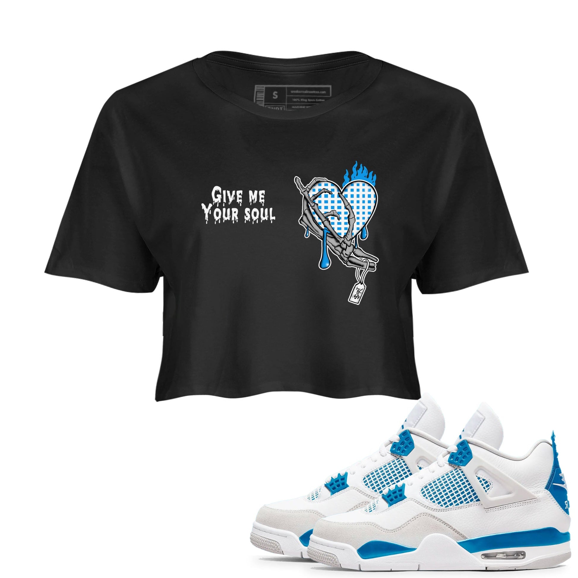 4s Military Blue shirts to match jordans Give Me Your Soul unique Halloween sneaker tee Air Jordan 4 Military Blue SNRT Sneaker Release Tees unisex cotton Black 1 Crop Shirts