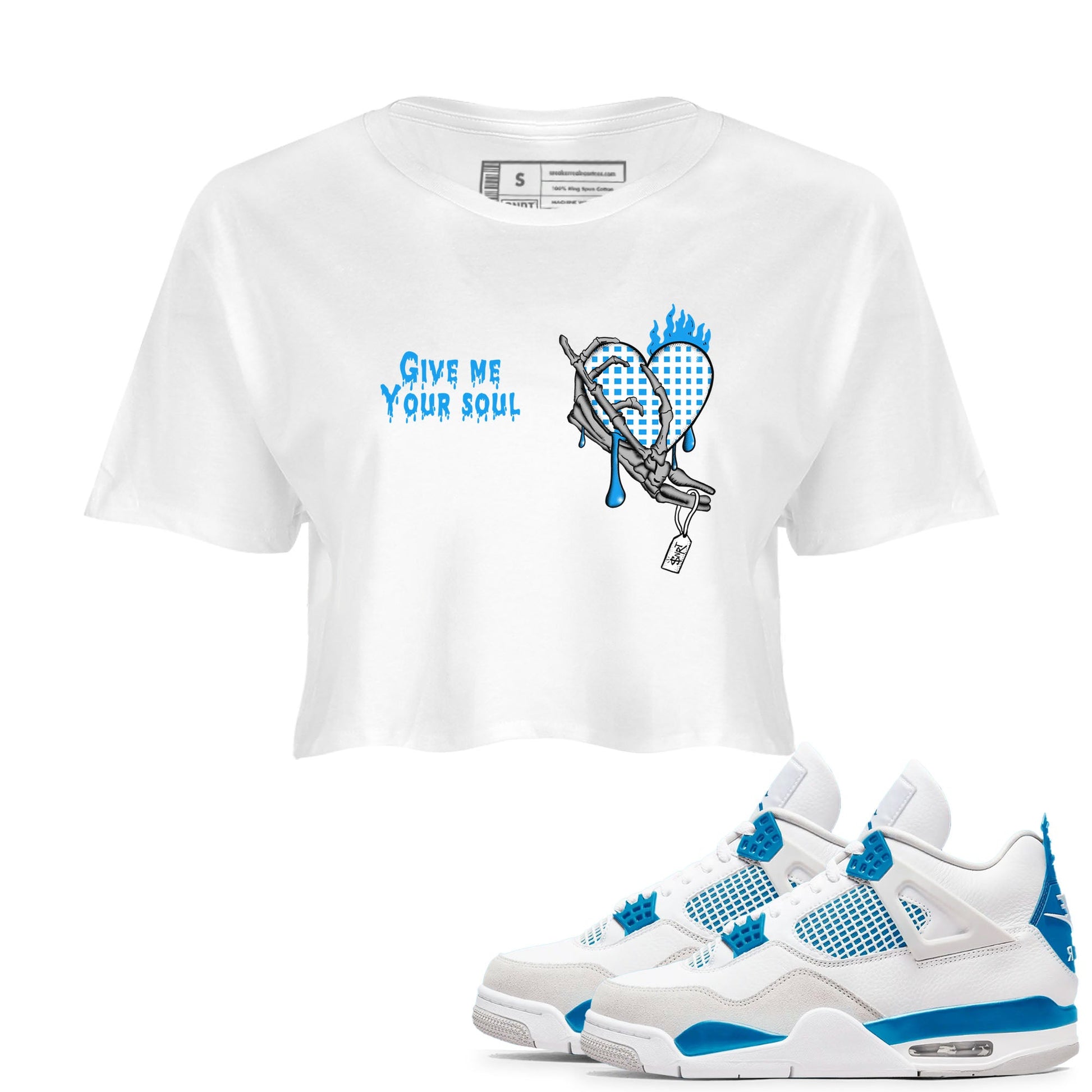 4s Military Blue shirts to match jordans Give Me Your Soul unique Halloween sneaker tee Air Jordan 4 Military Blue SNRT Sneaker Release Tees unisex cotton White 1 Crop Shirts