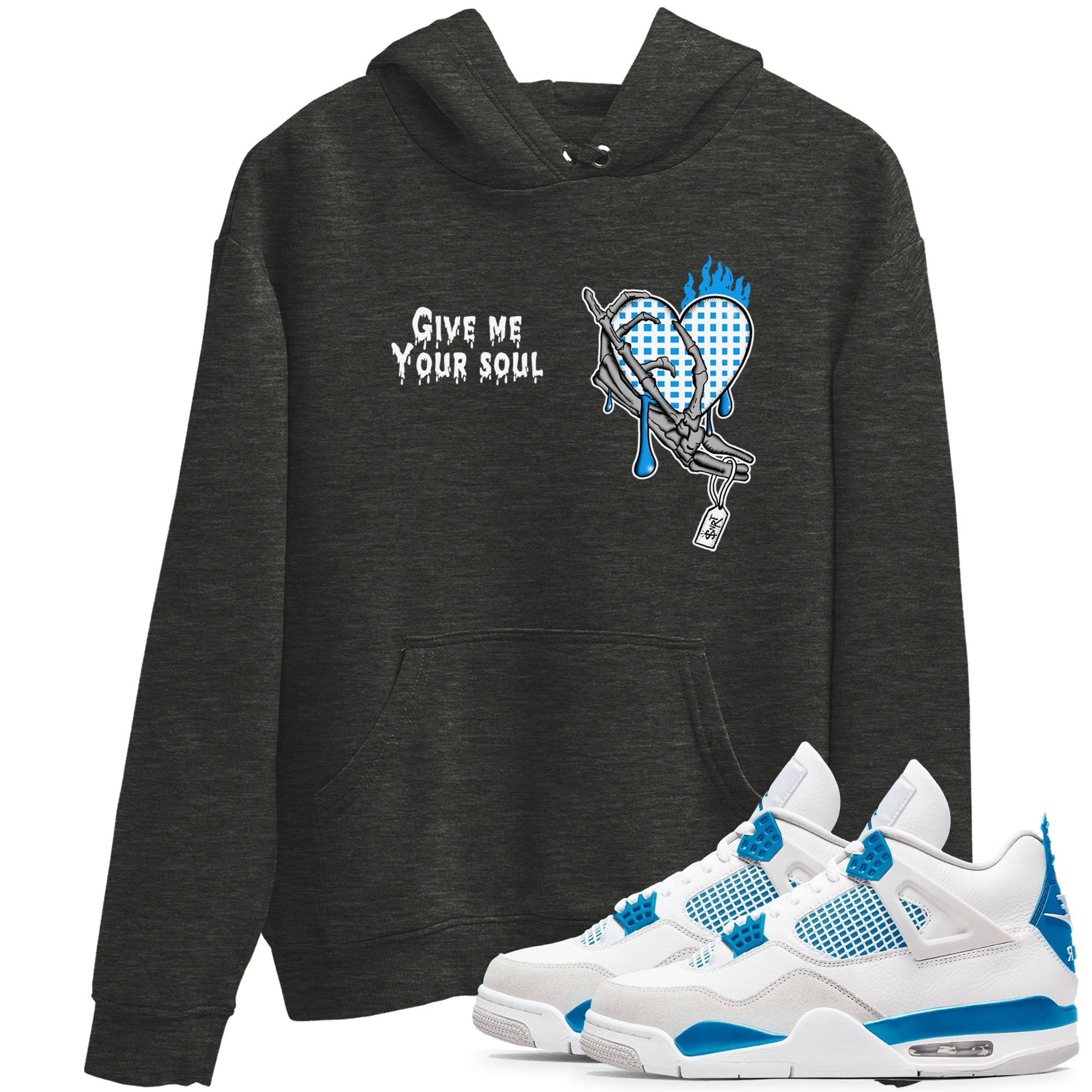 4s Military Blue shirts to match jordans Give Me Your Soul unique Halloween sneaker tee Air Jordan 4 Military Blue SNRT Sneaker Release Tees unisex cotton Charcoal Heather 1 crew neck shirts