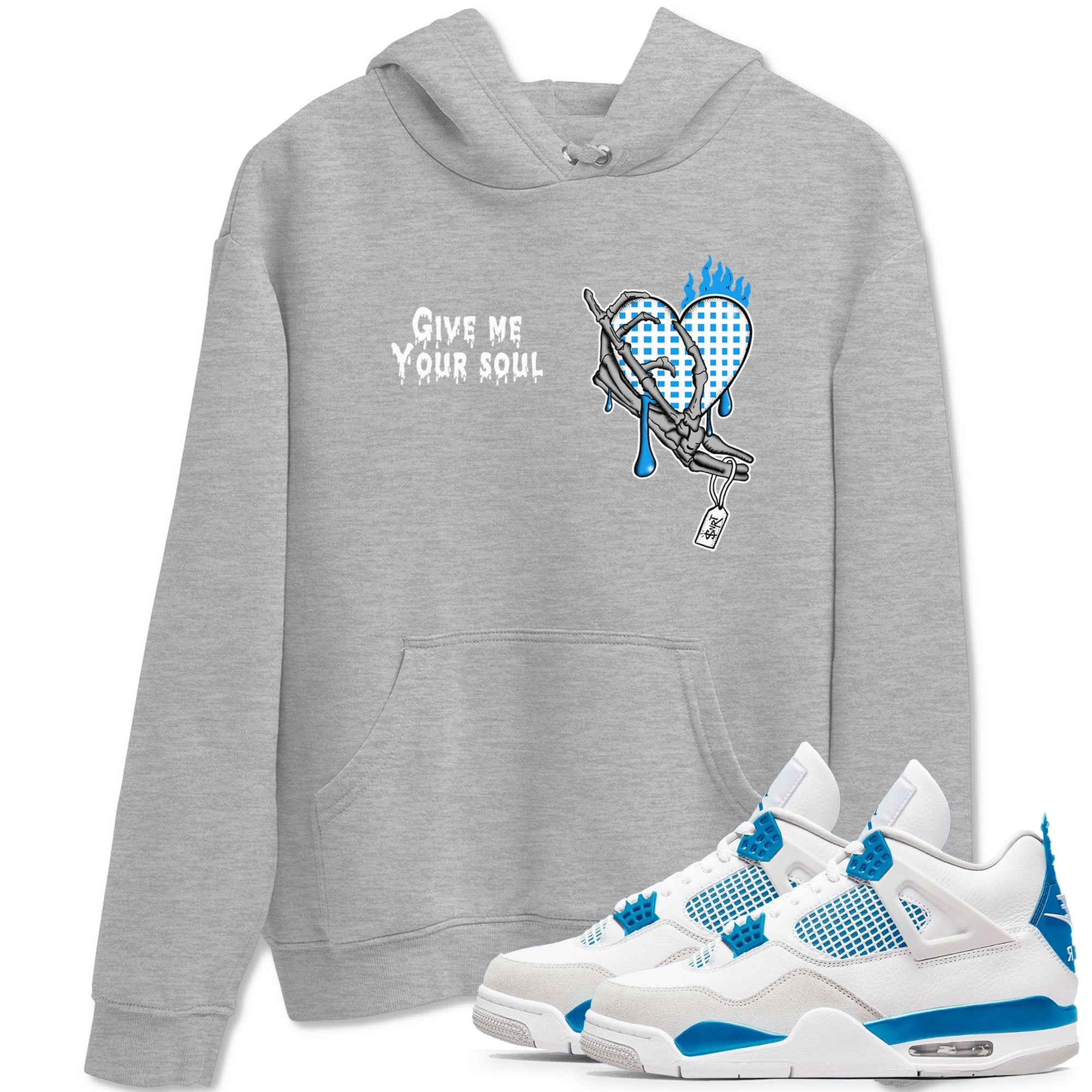 4s Military Blue shirts to match jordans Give Me Your Soul unique Halloween sneaker tee Air Jordan 4 Military Blue SNRT Sneaker Release Tees unisex cotton Heather Grey 1 crew neck shirts