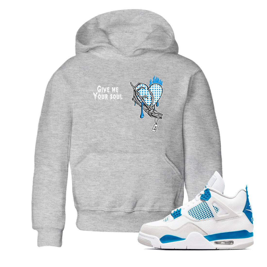 4s Military Blue shirts to match jordans Give Me Your Soul unique Halloween sneaker tee Air Jordan 4 Military Blue SNRT Sneaker Release Tees Youth Baby Heather Grey 1 crew neck shirts