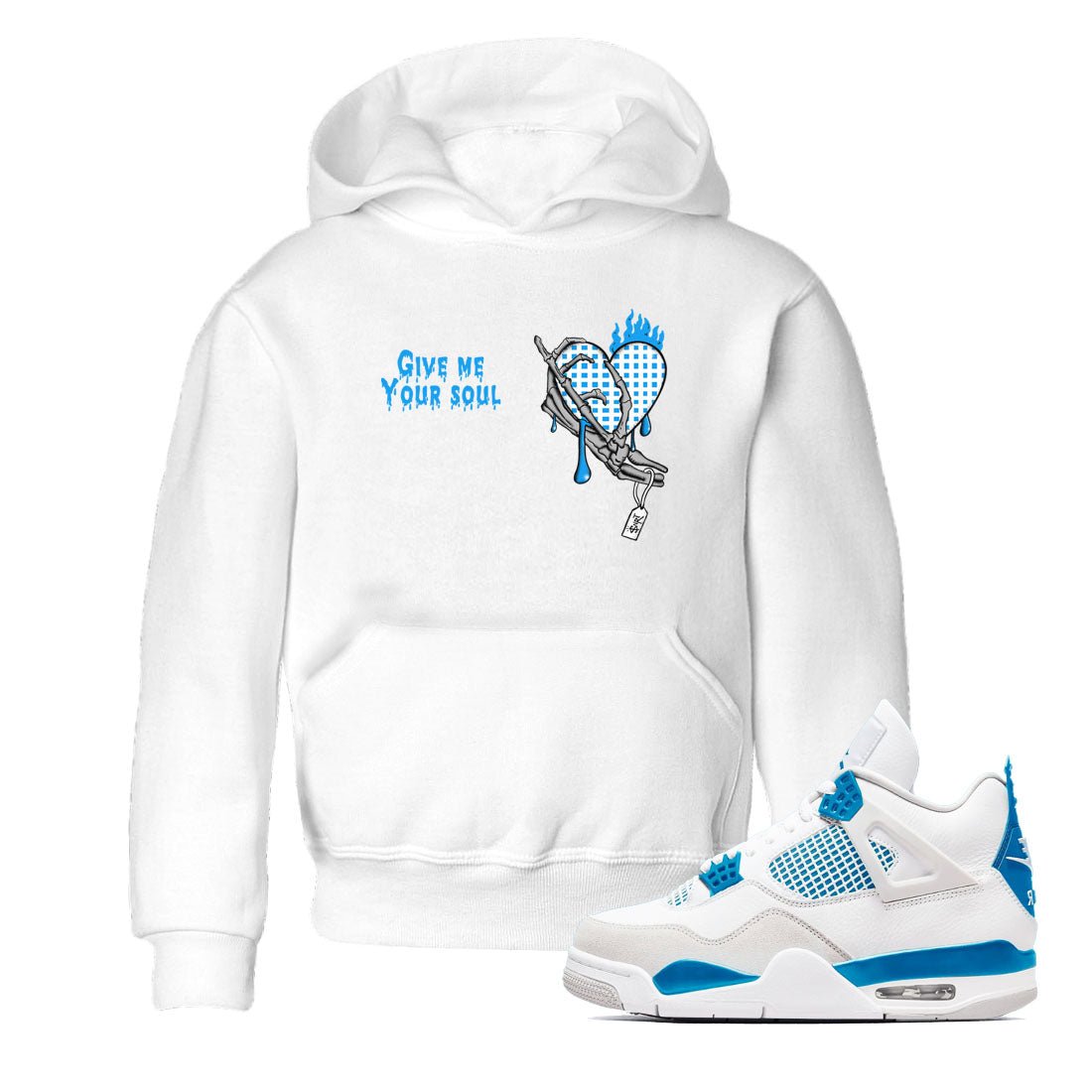 4s Military Blue shirts to match jordans Give Me Your Soul unique Halloween sneaker tee Air Jordan 4 Military Blue SNRT Sneaker Release Tees Youth Baby White 1 crew neck shirts