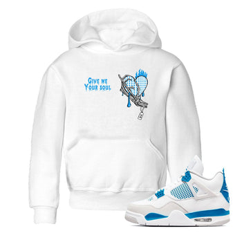 4s Military Blue shirts to match jordans Give Me Your Soul unique Halloween sneaker tee Air Jordan 4 Military Blue SNRT Sneaker Release Tees Youth Baby White 1 crew neck shirts
